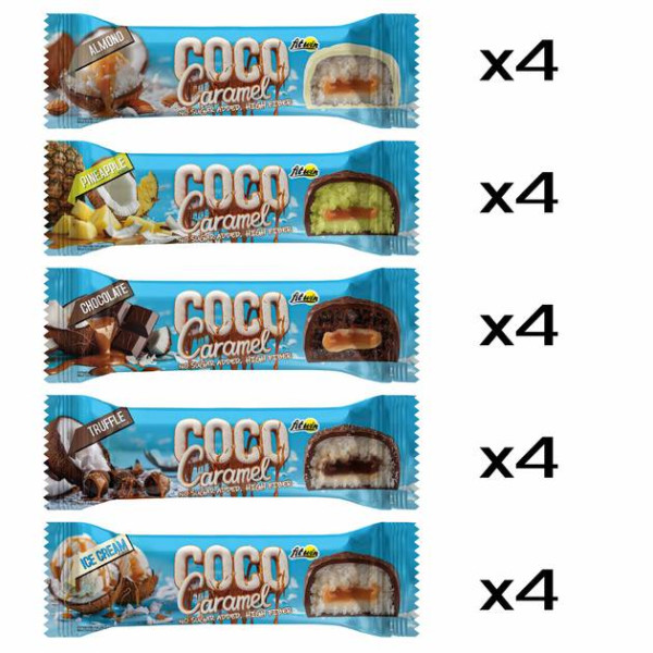 Блок Батончиків FitWin Coco Caramel з начинкою, Мікс смаків 40 г по 20 шт (без цукру )