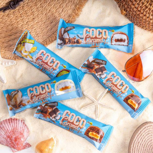 Блок Батончиків FitWin Coco Caramel з начинкою, Мікс смаків 40 г по 20 шт (без цукру ) Блок Батончиків FitWin Coco Caramel з начинкою, Мікс смаків 40 г по 20 шт (без цукру )