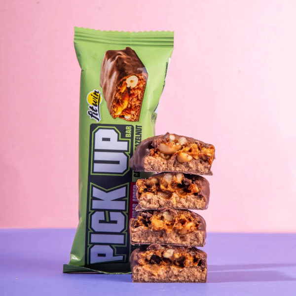 Блок Батончиків FitWin Pick Up Bar Caramel Hazelnut – Карамель та ФУНДУК 45 грам 24 шт (без цукру)