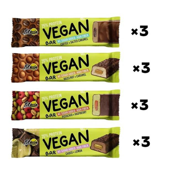 Блок Батончиків FitWin 25% Vegan Bar 12 шт 60 g Мікс смаків (Без цукру)