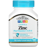 Цинк с витаминами С и В6, 21st Century "Zinc Plus Vitamins C & B-6" вкус вишни (90 жевательных таблеток)