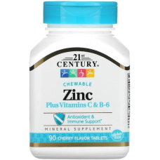 Цинк з вітамінами С і В6, 21st Century "Zinc Plus Vitamins C&B-6" смак вишні (90 жувальних таблеток)