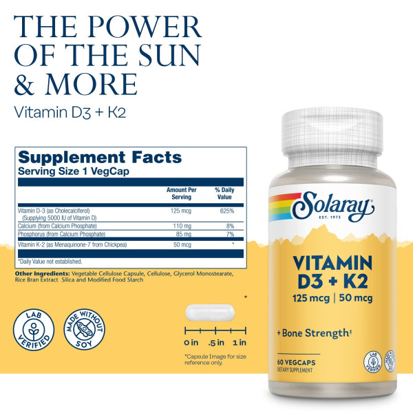 Вітамін Д3 та К2, Vitamin D-3 & K-2, Solaray, 60 капсул