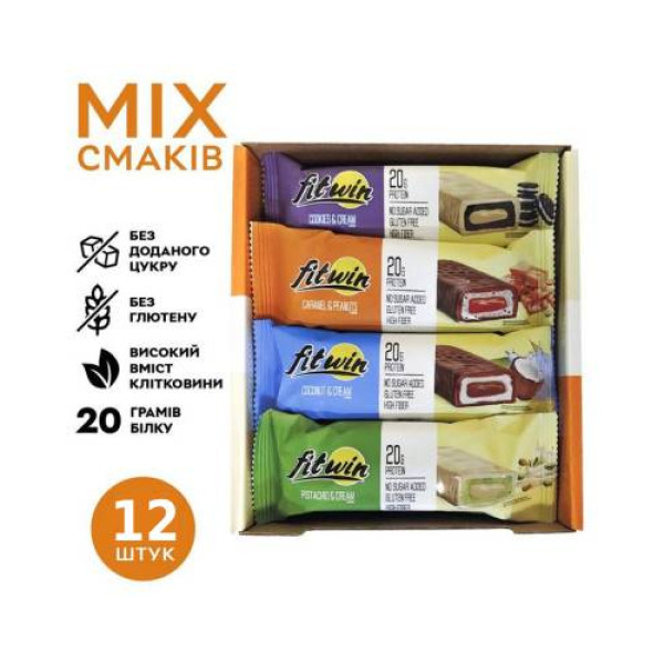 Блок Батончиків FitWin Protein Bar 33%, 12 шт x60 грам MIX смаків
