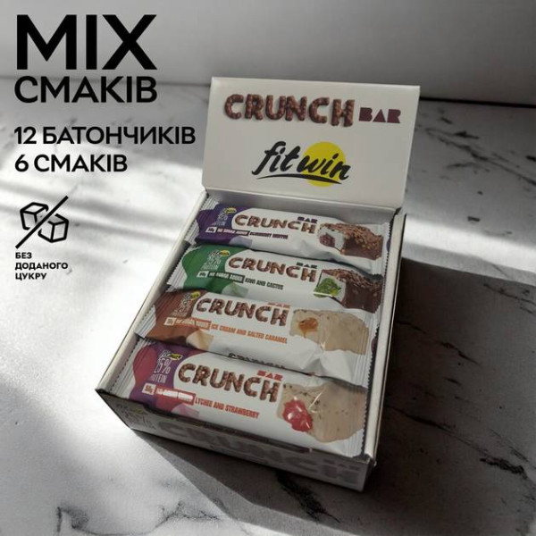 Блок Батончиків FitWin Crunch Bar 25% MIX із різних смаків, 12шт по 50 грам(Без цукру)