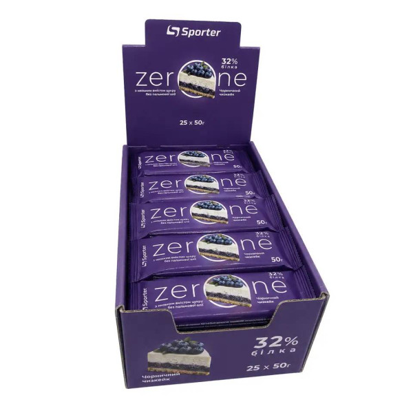 Блок Батончиків Sporter Zero One, 50 грам Чернічний чізкейк – 25 штук (Без цукру)