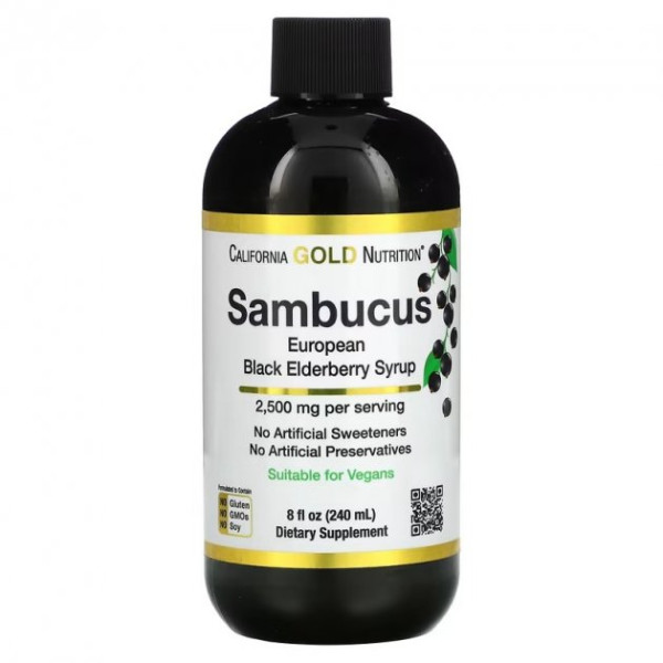 Сироп із чорної бузини California GOLD Nutrition "Sambucus European Black Elderberry Syrup" концентрат соку, 2500 мг (240 мл)