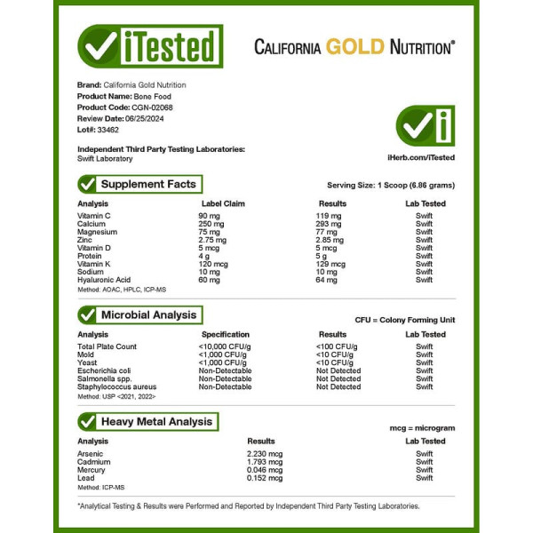 Хондропротектор для суставов и связок California Gold Nutrition Bone Food 411 грамм