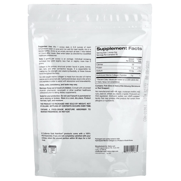 Гидролизованный морской коллаген California Gold Nutrition Hydrolyzed Marine Collagen Peptides 200 грамм (без добавок)