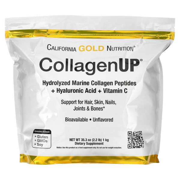Морський колаген-пептид California GOLD Nutrition, CollagenUP, з гіалуронкою та вітаміном C, 1000 грам (1кг)