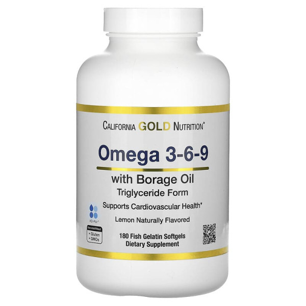 Норвежский рыбий жир из омега 3-6-9 и маслом огурца California Gold Nutrition (Omega 3-6-9 with borage oil) 180 капсул со вкусом лимона
