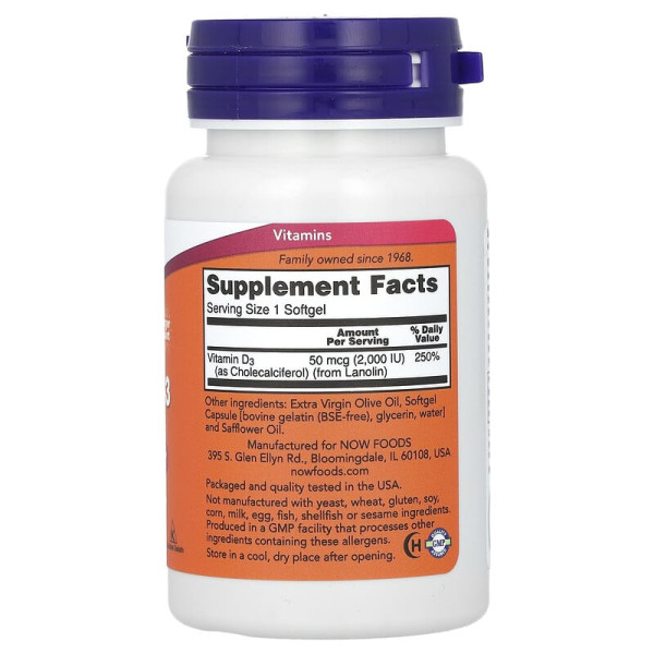 Витамин D-3 High potency Vitamin D3 2000IU, Now Foods, 240 желатиновых капсул