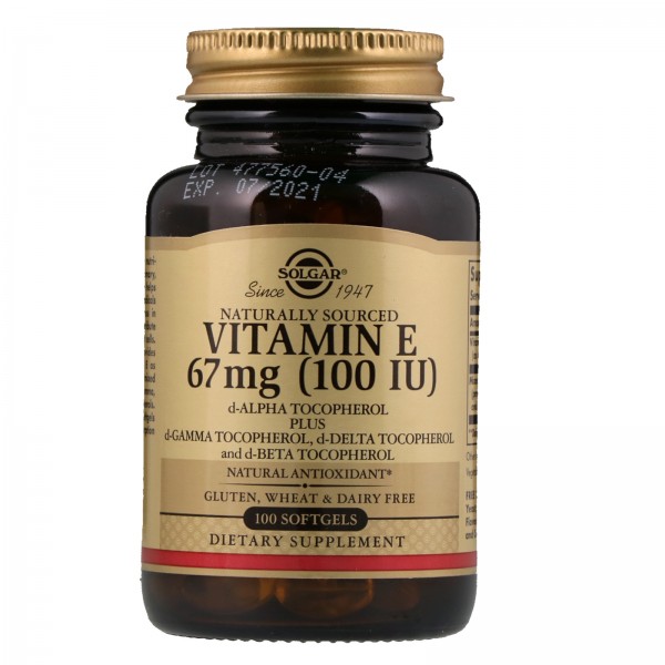 Вітамін Е (d-альфа-токоферол), Vitamin E, Solgar, натуральний, 67 мг (100 МО), 100 капсул