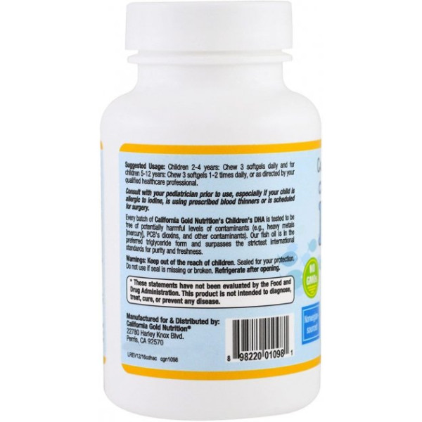 Жирные кислоты для детей California Gold Nutrition Children's DHA Chewables 100% Wild Arctic Cod 180 капсул Жирные кислоты для детей California Gold Nutrition Children's DHA Chewables 100% Wild Arctic Cod 180 капсул