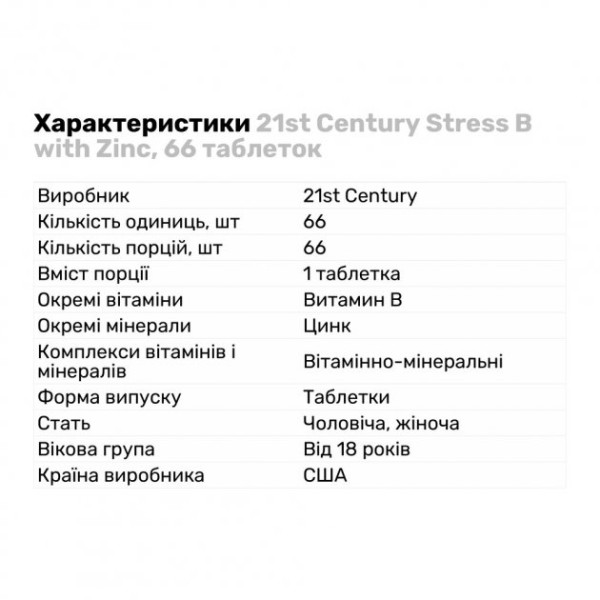 Вітаміни та мінерали 21st Century Stress B with Zinc, 66 таблеток