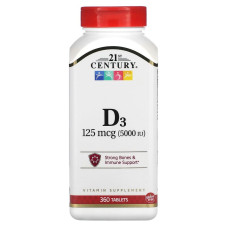 Витамин Д3, Сильные кости и поддержка иммунитета, Vitamin D3 5000, 21st Century 360 таб