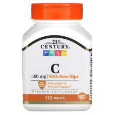 Витамин С + шиповник, 21st Century, Vitamin C with Rose Hips, 500 мг, поддержка иммунитета, 110 таблеток