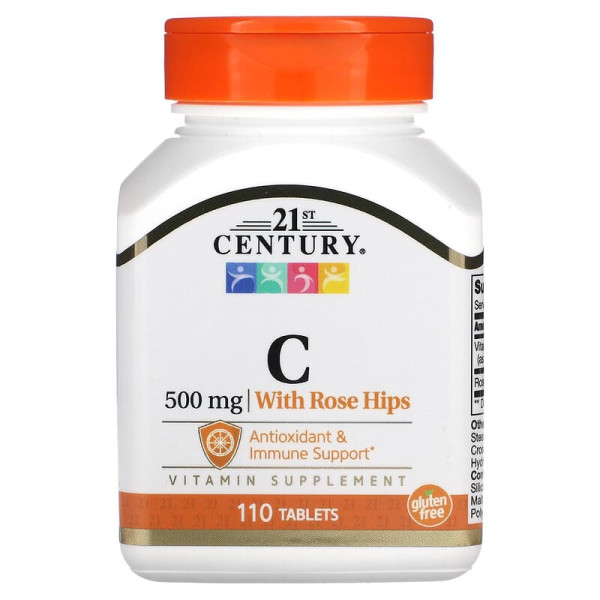 Витамин С + шиповник, 21st Century, Vitamin C with Rose Hips, 500 мг, поддержка иммунитета, 110 таблеток