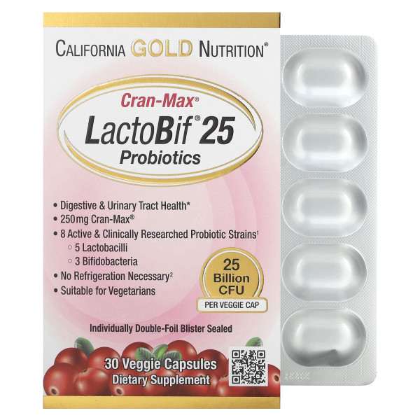 Пробиотики с клюквой Lactobif Cran-Max, 25 млрд КОЕ, 30 растительных капсул, California Gold Nutrition