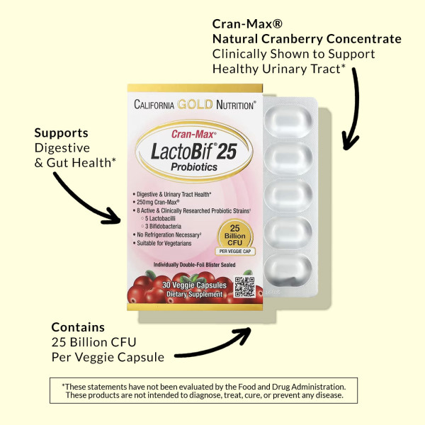 Пробиотики с клюквой Lactobif Cran-Max, 25 млрд КОЕ, 30 растительных капсул, California Gold Nutrition Пробиотики с клюквой Lactobif Cran-Max, 25 млрд КОЕ, 30 растительных капсул, California Gold Nutrition