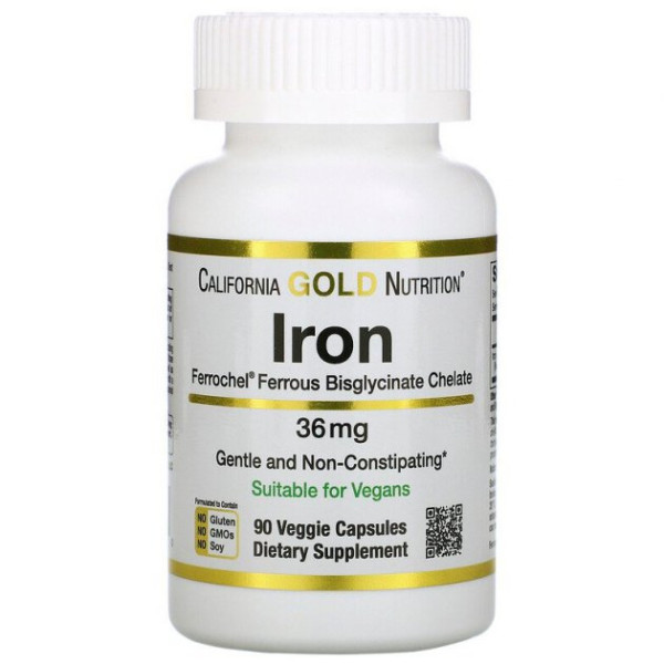 Iron (Bisglycinate), California Gold Nutrition, 36 мг, 90 вегетаріанських капсул