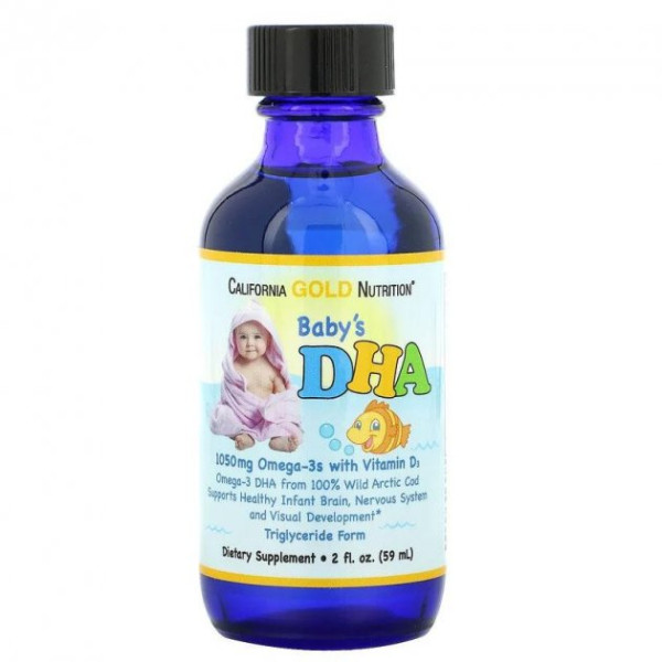 Рыбий жир в жидком виде ДГК для детей California Gold Nutrition Baby's DHA 1050 mg Omega 3 with Vitamin D3 для мозга, зрения и внимания 59 мл