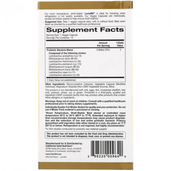 Пробиотик California Gold Nutrition LactoBif Probiotics 5 Billion CFU 10 капсул Пробиотик California Gold Nutrition LactoBif Probiotics 5 Billion CFU 10 капсул