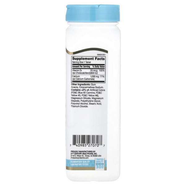 Кальцій з вітаміном D3, 21st Century "Calcium Plus D3" 1000 мг, 800 МО (90 таблеток)