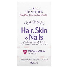Мультивітамінний комплекс Hair Nails Skin 21st Century, добавка для волосся, шкіри та нігтів, підвищена сила дії, 90 таблеток