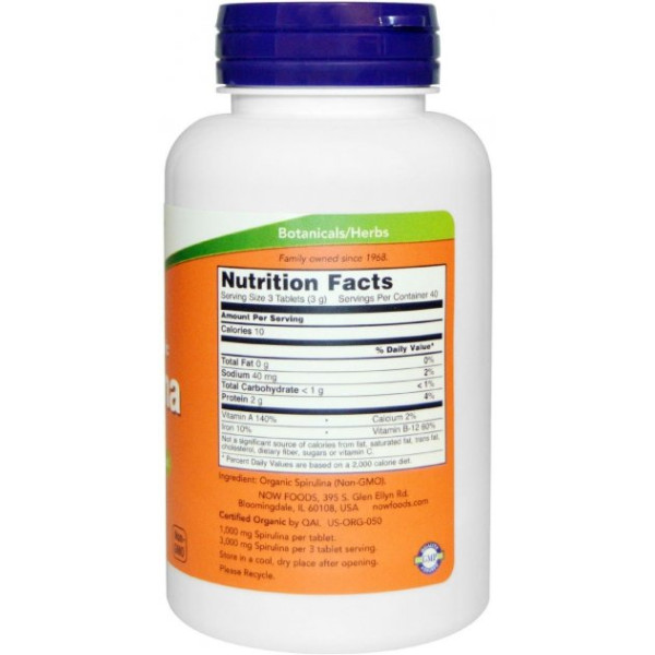 Спирулина Now Foods Spirulina 1000 mg certified organic (120 таб) нау фудс